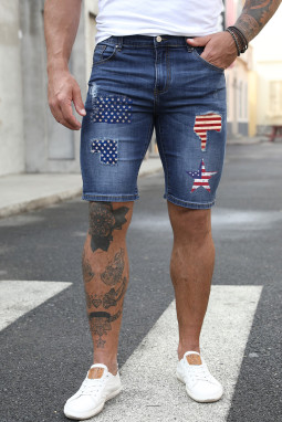 蓝色美国国旗图案拼布男式牛仔短裤