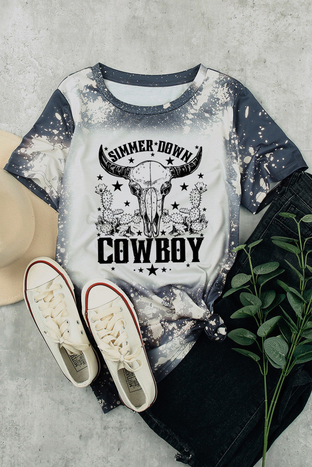 多色 COWBOY 西部牛骷髅仙人掌印花图案 T 恤 LC25216418