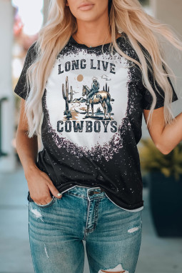 黑色 Long Live Cowboys 西部图案印花漂白 T 恤
