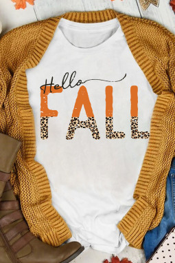 白色 Hello Fall 豹纹趣味图案 T 恤