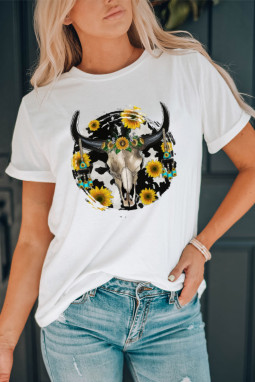白色公牛骷髅头与向日葵西部图案 T 恤