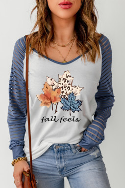 蓝色 Fall Feels 枫叶图案透明条纹袖上衣