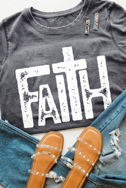 灰色 Faith 复古图案印花 T 恤