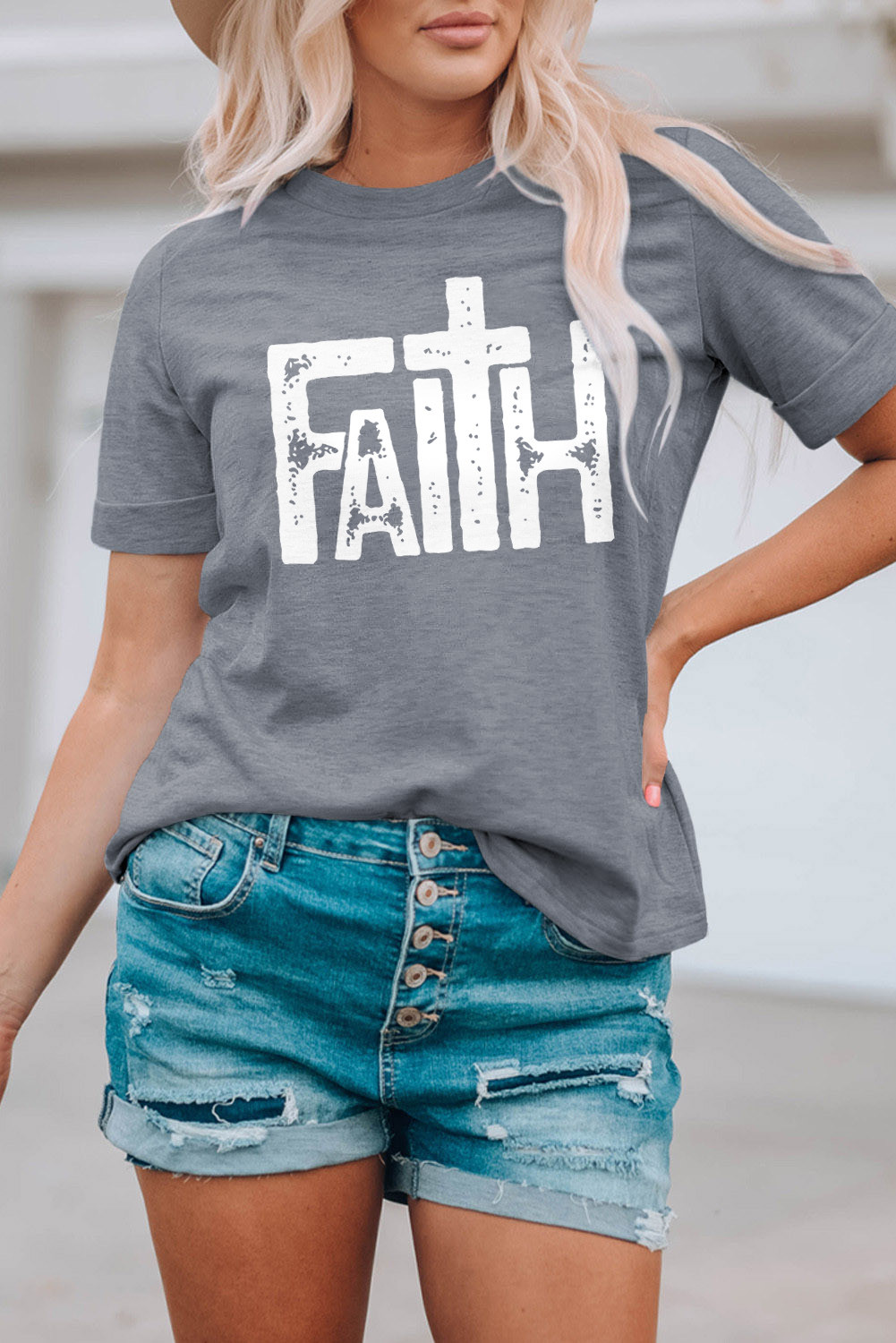 灰色 Faith 复古图案印花 T 恤 LC25218067