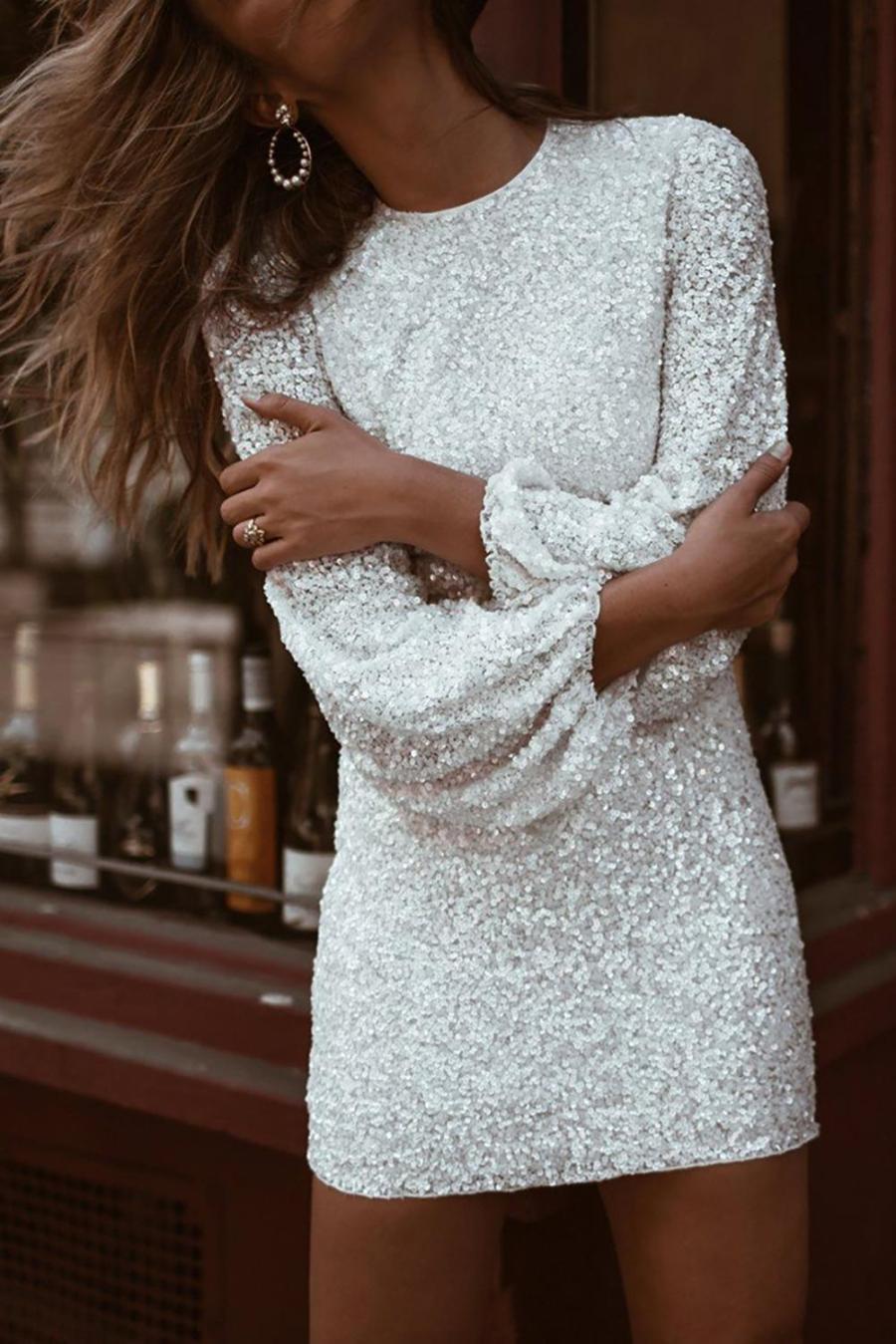US 19.47 White Puffy Sleeve Sequin Party Mini Dress Wholesale