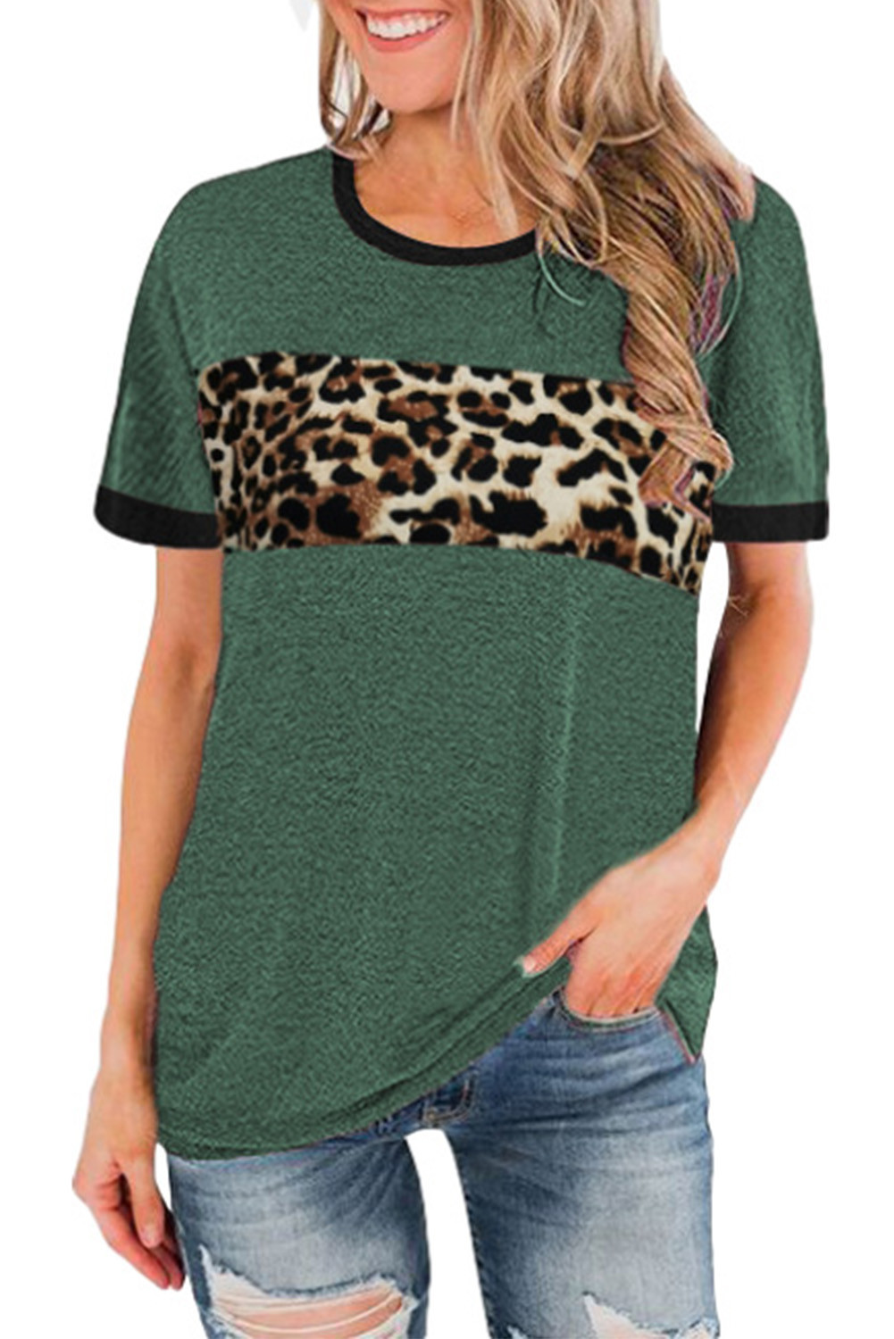 SHEWIN Green Leopard Splicing T-shirt - SHEWIN