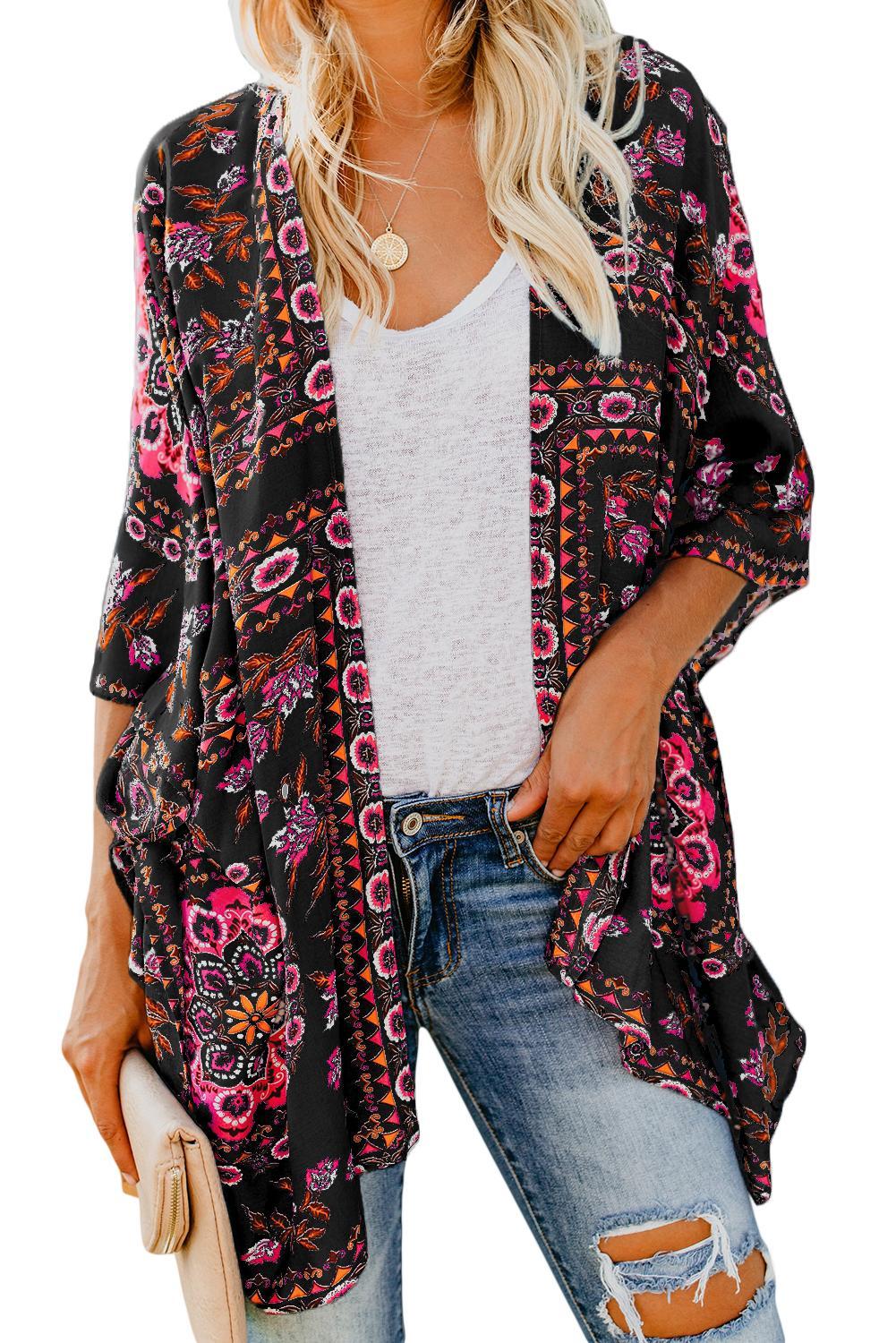 US$ 10.35 Black Floral Kimono Cardigan Open Front Cover Up Wholesale