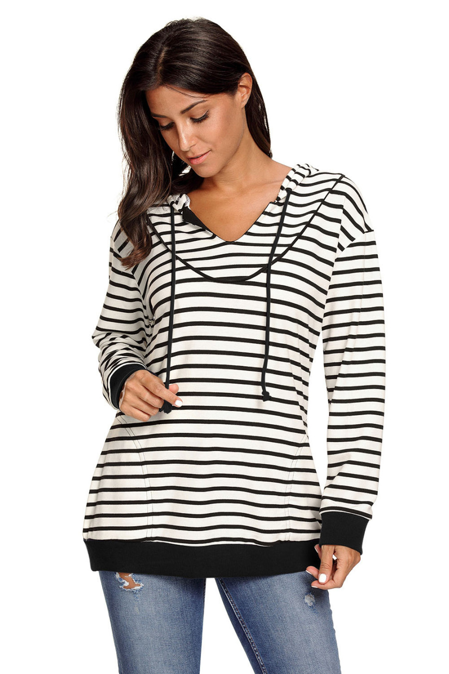 US$ 11.1 White Black Stripes Women Casual Hoodie Wholesale