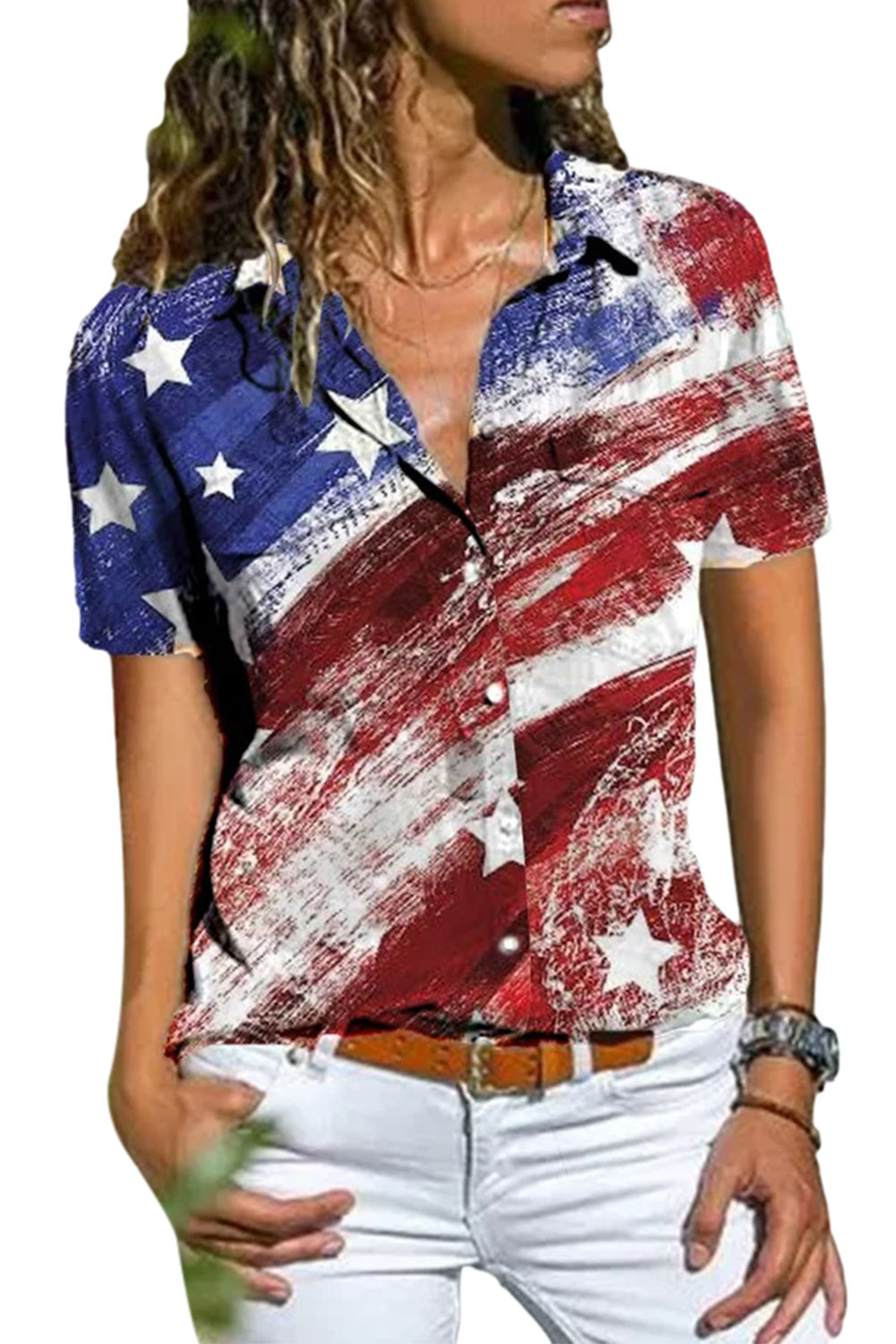 US$ 10.71 Red Button Up American Flag Shirt Wholesale