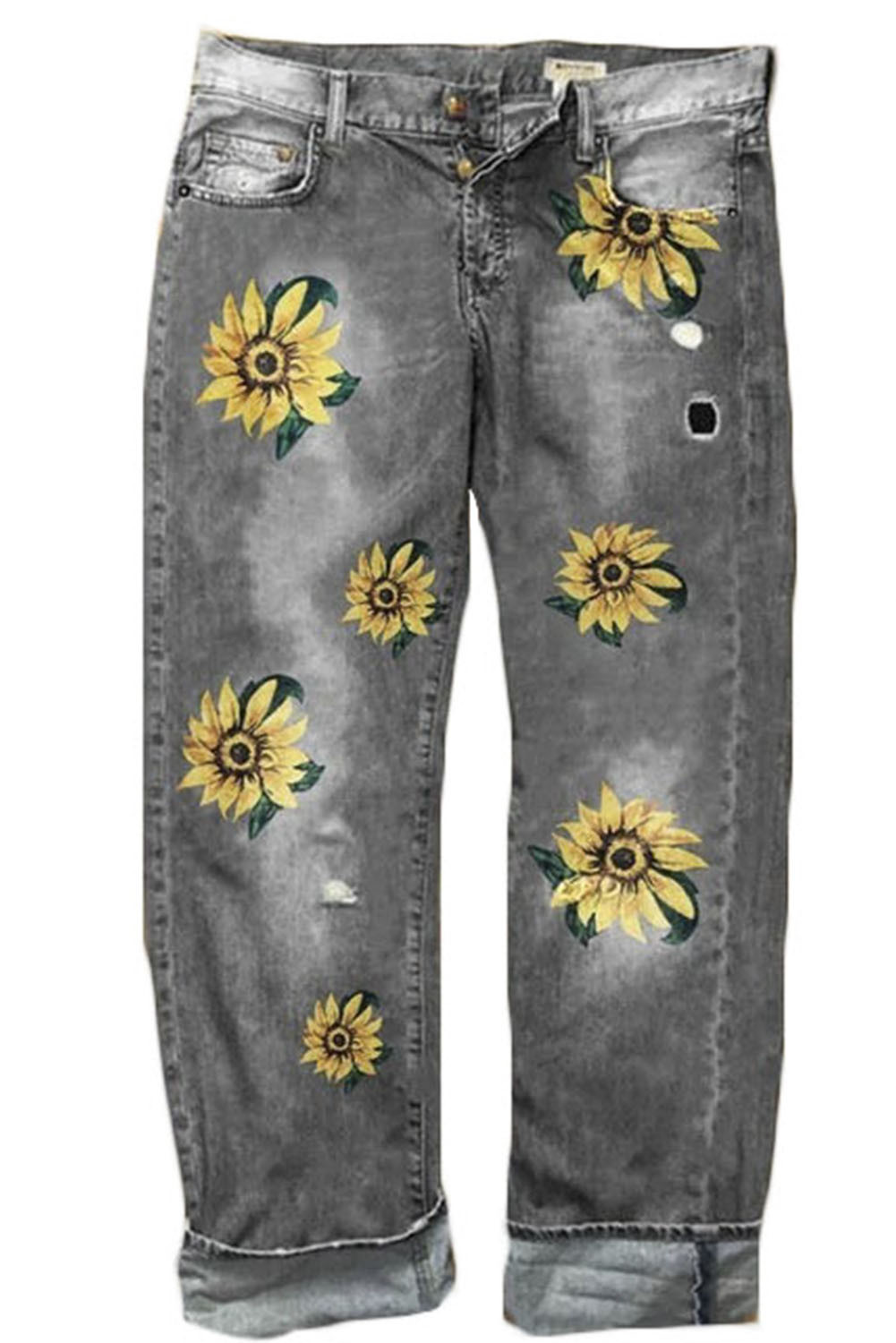 US$ 16.98 Gray Sunflower Printed Washed Straight Casual Jeans Wholesale