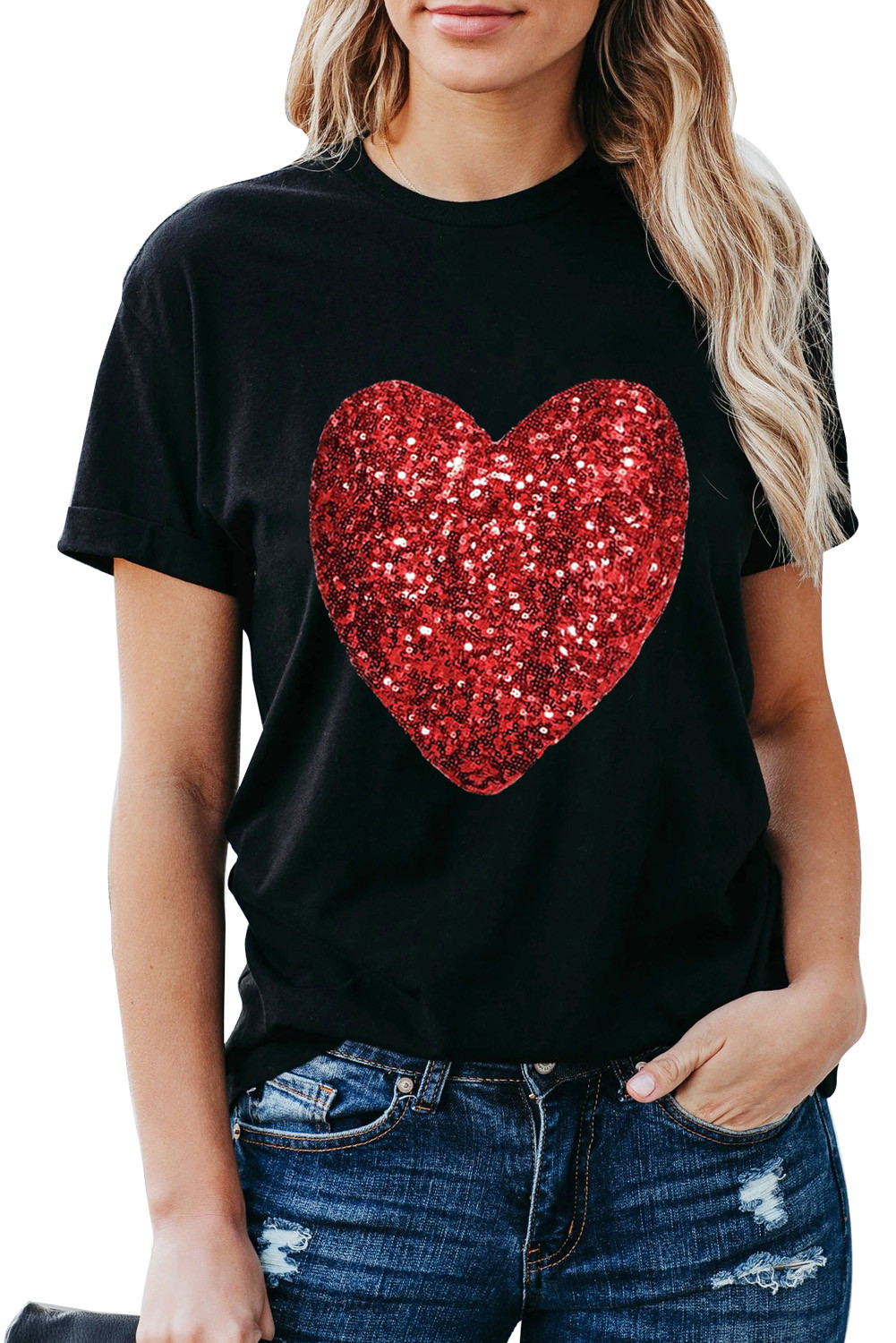 US$ 7.47 Sequined Heart Pattern T-shirt Wholesale