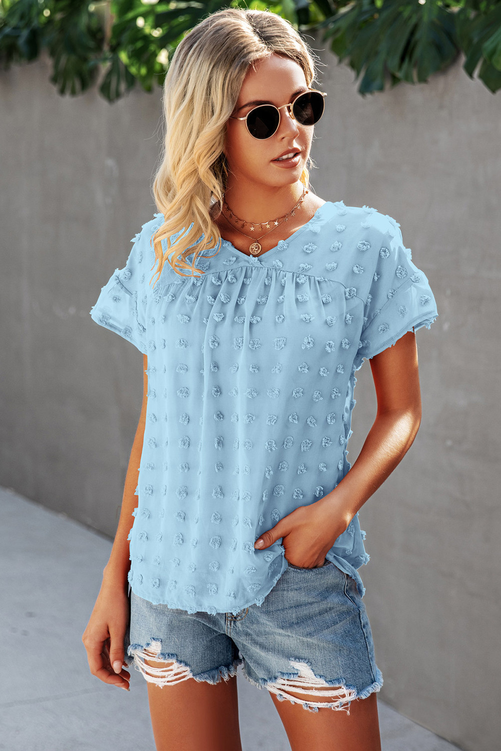 light blue v neck top