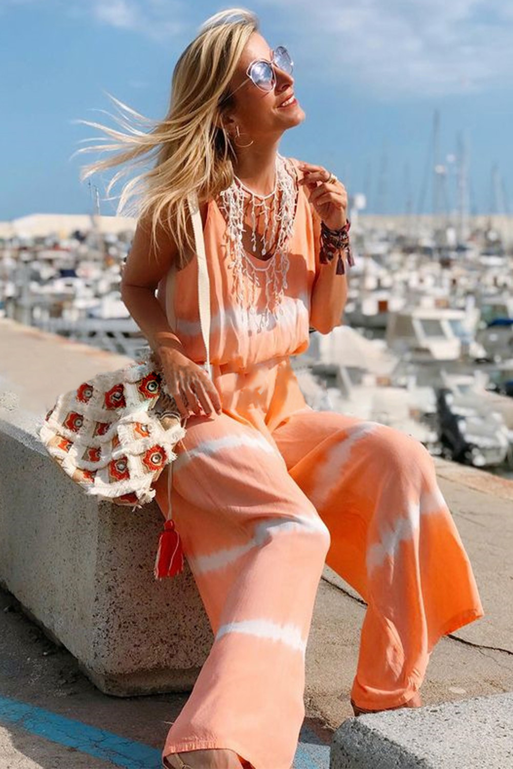 orange flowy pants