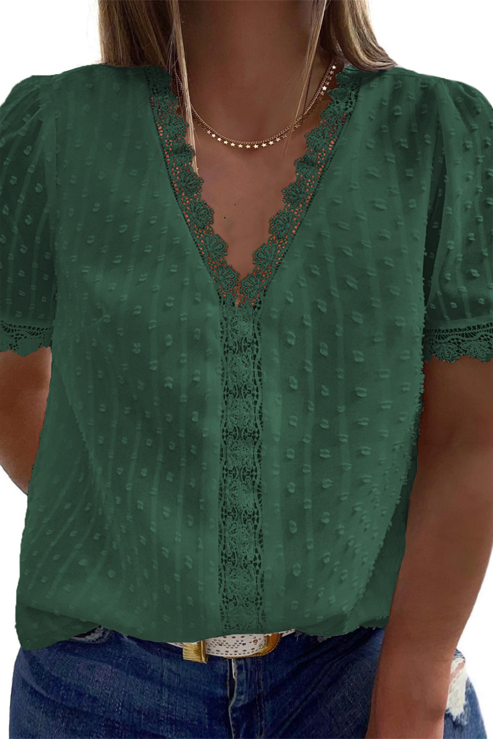 US$ 11.85 Green V Neck Lace Crochet Swiss Dot Short Sleeve Blouse Wholesale