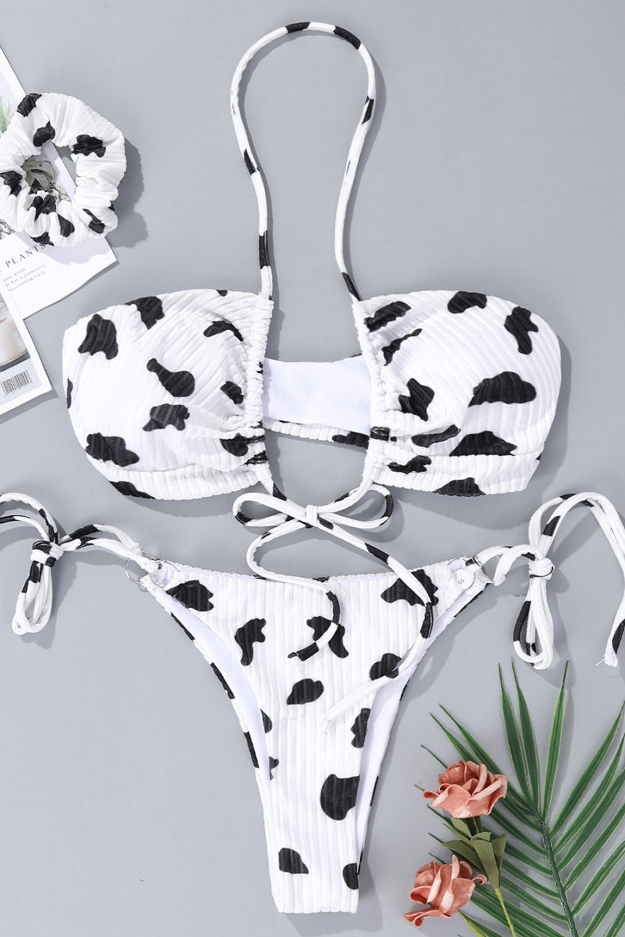 SHEWIN White Cow Print Halter Thong Bikini Set - SHEWIN