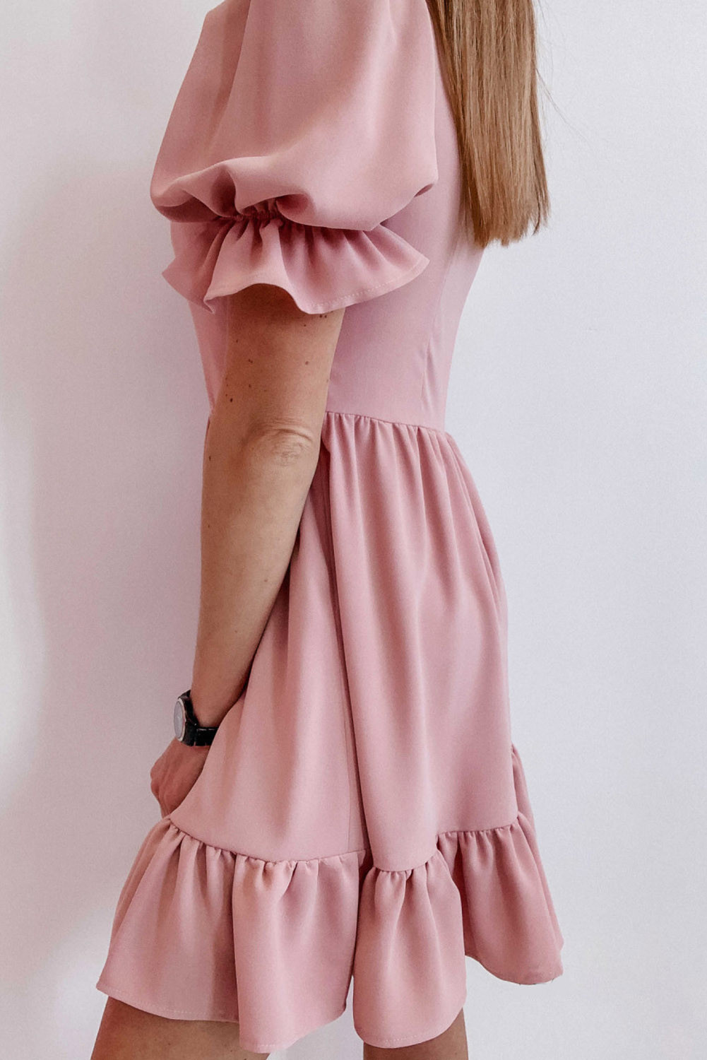 US$ 10.71 Pink Square Neck Ruffle Puff Sleeve Mini Dress Wholesale