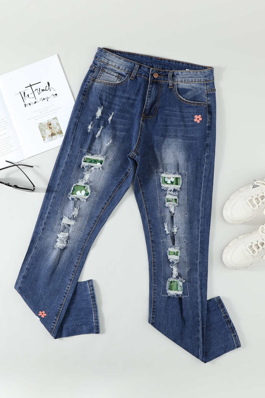 leopard patch distressed jeans