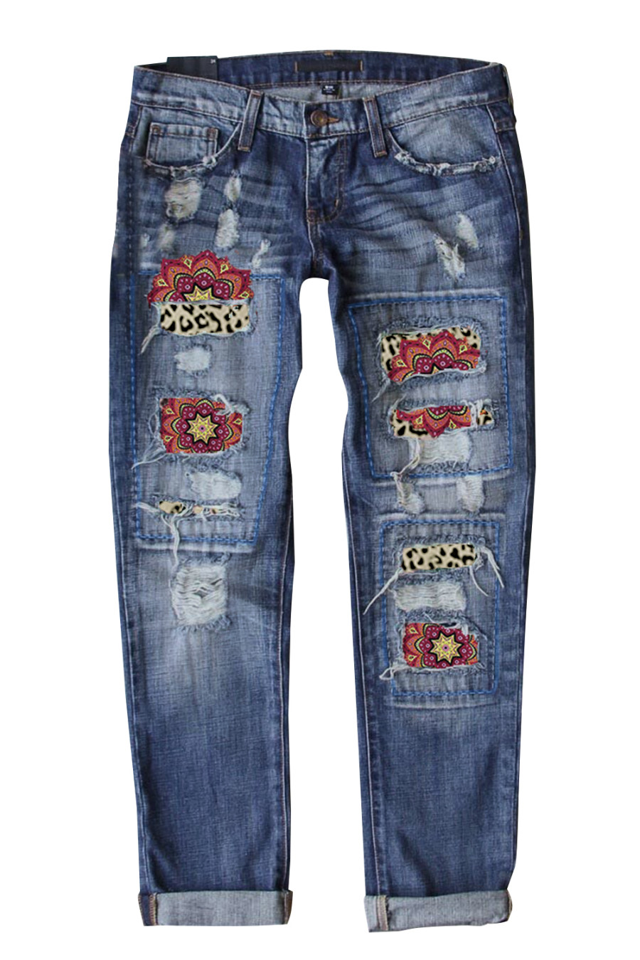 leopard patch distressed jeans