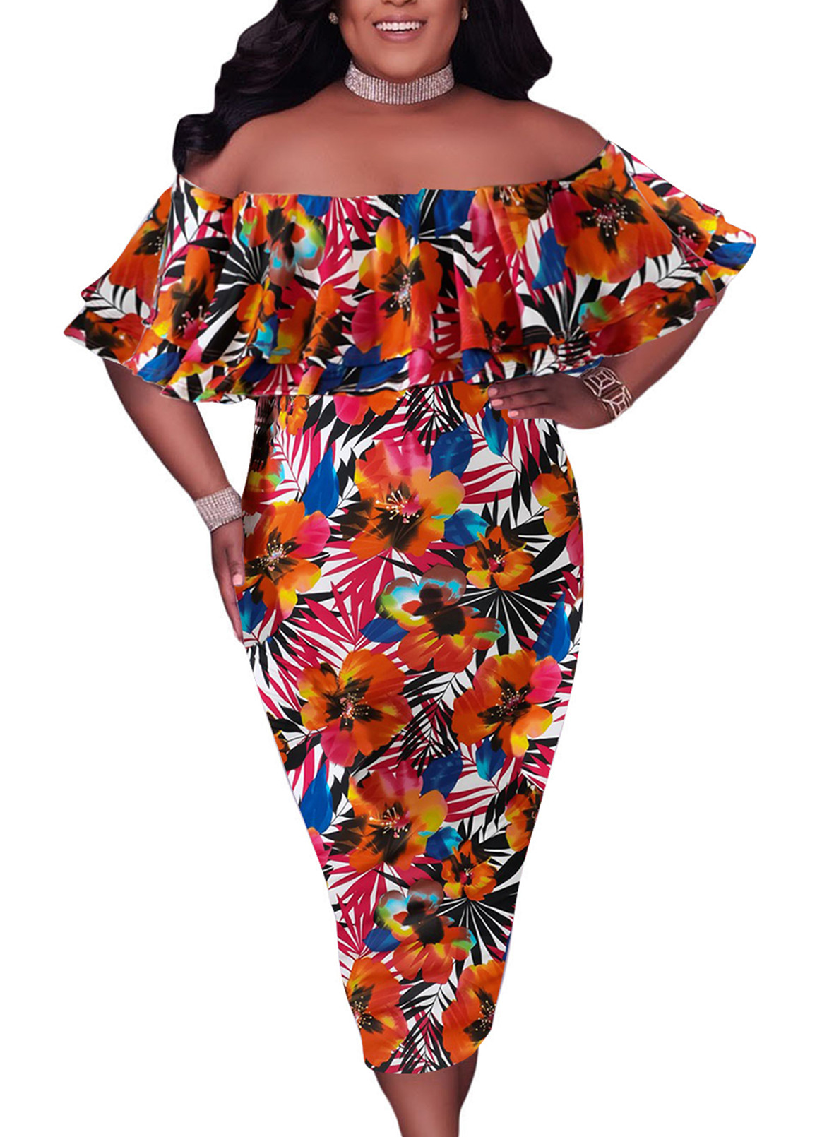 US$ 13.47 Plus Size Orange Off Shoulder Floral Midi Dress Wholesale