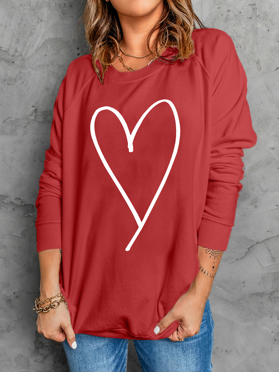 Red Heart Shape Print Long Sleeve Pullover Sweatshirt