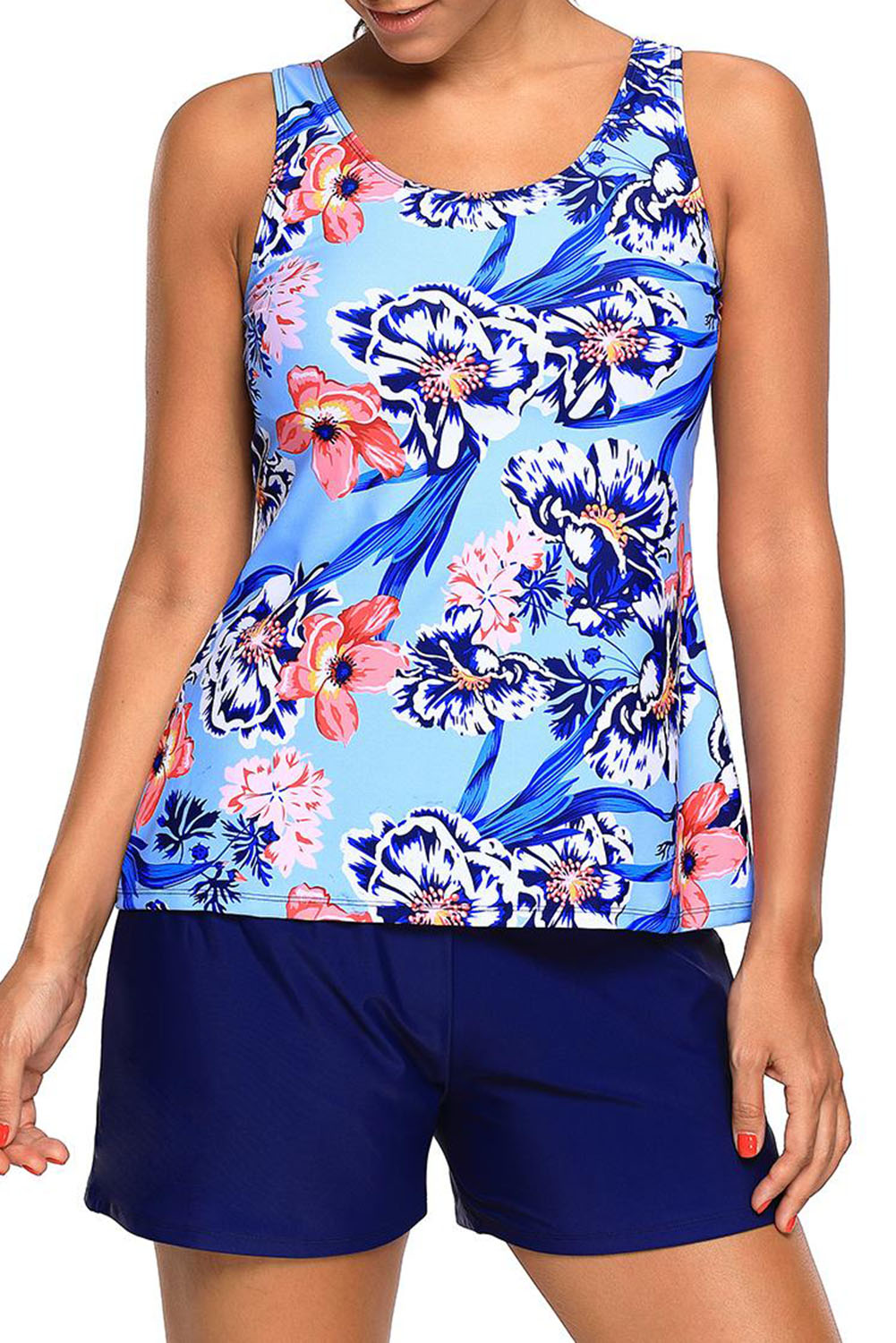 SHEWIN Blue Coral Floral Print Tankini and Short Swimsuit US$ 5.97 - SHEWIN
