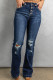 Dark Blue Casual Washed Distressed Flare Bottom Jeans
