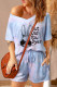 Light Blue Casual Easter Day Bunny Print T-Shirt and Drawstring Short Loungewear Set