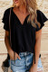 Black Polyester Shirt Flutter Sleeve V Neck Summer Top