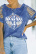 Sky Blue Casual Rock Roll Letter Print Cut Out Raglan Sleeve Graphic Tee