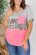 Pink Casual Colorblock Striped Leopard Plus Size Tee