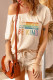 Beige Casual Letter Print Colorblock Drawstring Graphic Tee and Drawstring Short Set Loungewear