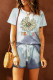 Sky Blue Casual Peace Letter and Floral Print T-Shirt and Drawstring Short Set