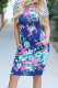 Blue Floral Print and Stripes Knee Length T Shirt Dress