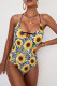 Yellow Sunflower Criss Cross V Neck Halter One Piece Swimsuit