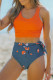 Orange Casual Floral Printed Waist Lace Up High Waist Bikini