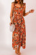 Orange Boho Floral Print Square Neck Buttons Maxi Dress