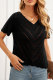 Black Causal V Neck Eyelet Knitted Top with Scalloped Trims Blouse Top