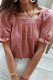 Pink Square Neck Polkadot Linen Puff Sleeve Top