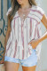 White Casual Striped Print Lace Up Loose V Neck Summer Top