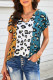 Colorblock Cheetah Print V Neck Short Sleeve T Shirt for Women