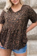 Black Casual Plus Size Leopard Print Ruffled V Neck T Shirt for Women