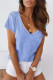 Light Blue Casual V Neck Button Pocketed Patchwork Top