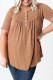 Khaki Casual Button Ruched Neck Short Sleeve Plus Size Top