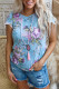 Light Blue Casual Floral Print Pom Pom Crisscross Back T Shirt