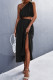 Black Sexy Asymmetrical Neck Crop Top and Split Skirt Set