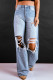 Light Blue Casual Distressed Ripped Hollow-out Wide Leg Jean