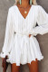 White Casual Pleated Ruffled Tie Waist Buttons V Neck Romper