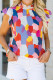 Multicolor Color Block Frill Neck Ruffle Sleeve Summer Top for Women