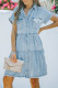 Light Blue Casual Button Front Frayed Denim Summer Dress with Pocket