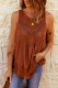 Brown Casual Contrast Lace Crochet Button Back Sleeveless Shirt for Women